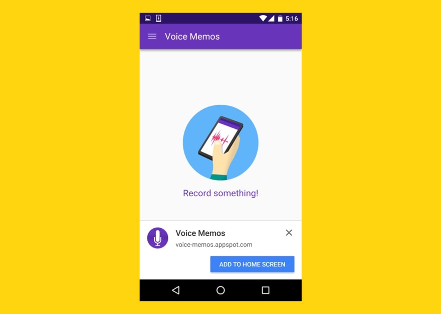Android "Add to home screen" popup inviting the user to install the PWA